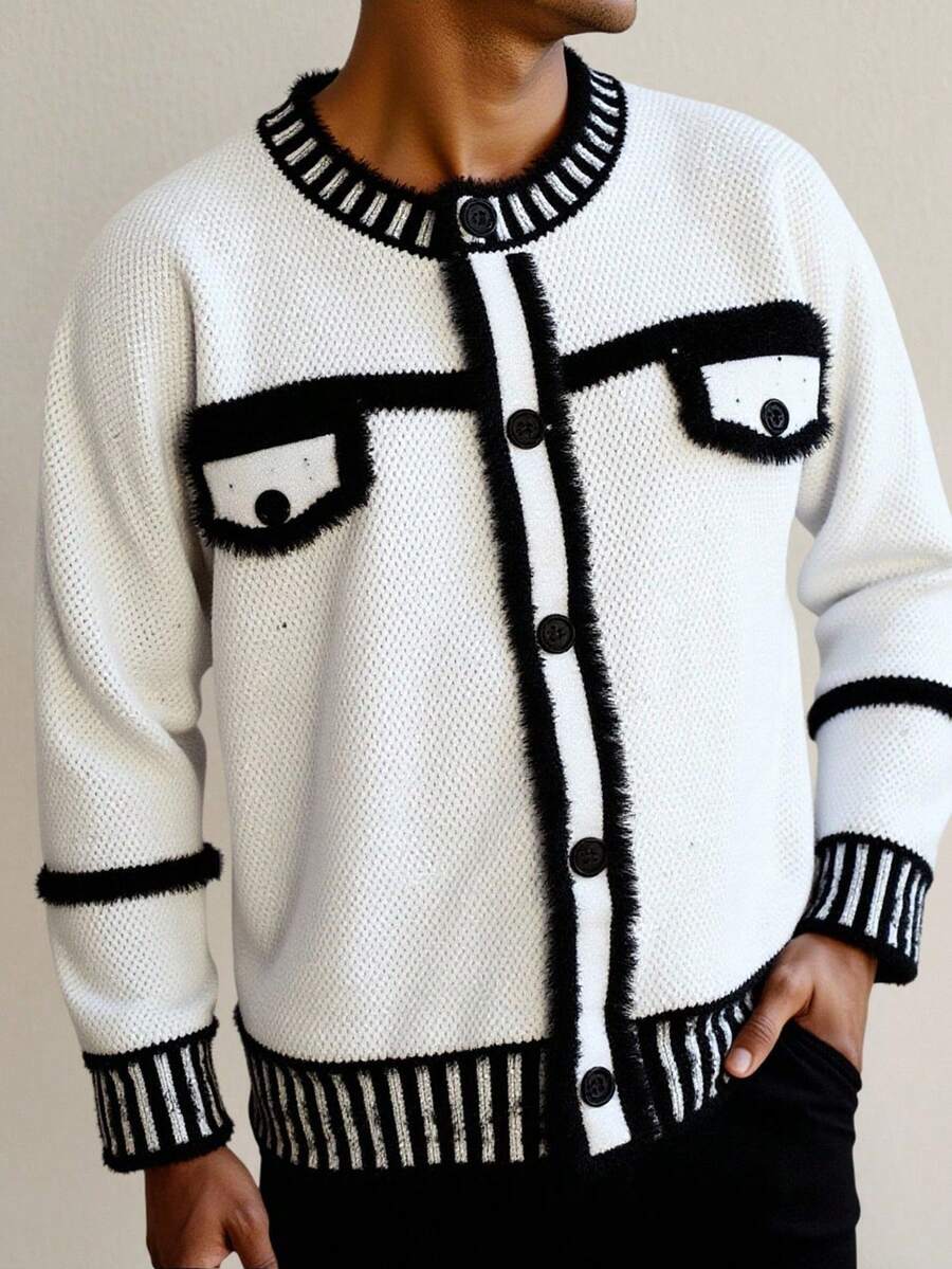 Manfinity Homme Men's Contrast Trim Button Front Casual Long Sleeve Cardigan, Autumn/Winter - Black and White - View 1