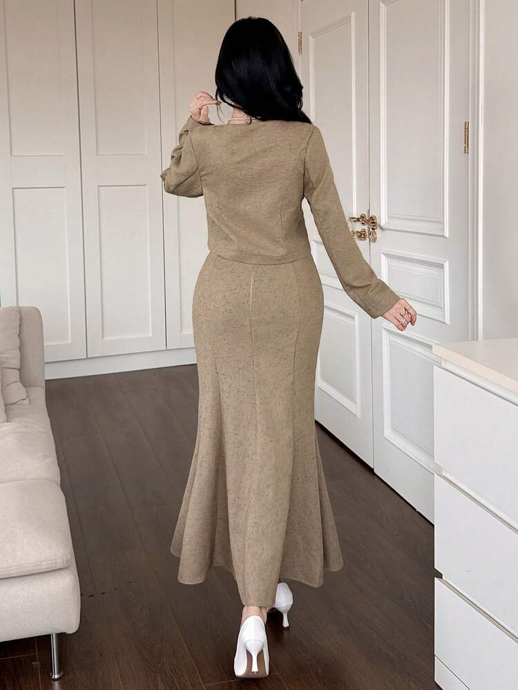 Women's Elegant Solid Color Top And Mermaid Hem Skirt 2 Pieces Set, Autumn