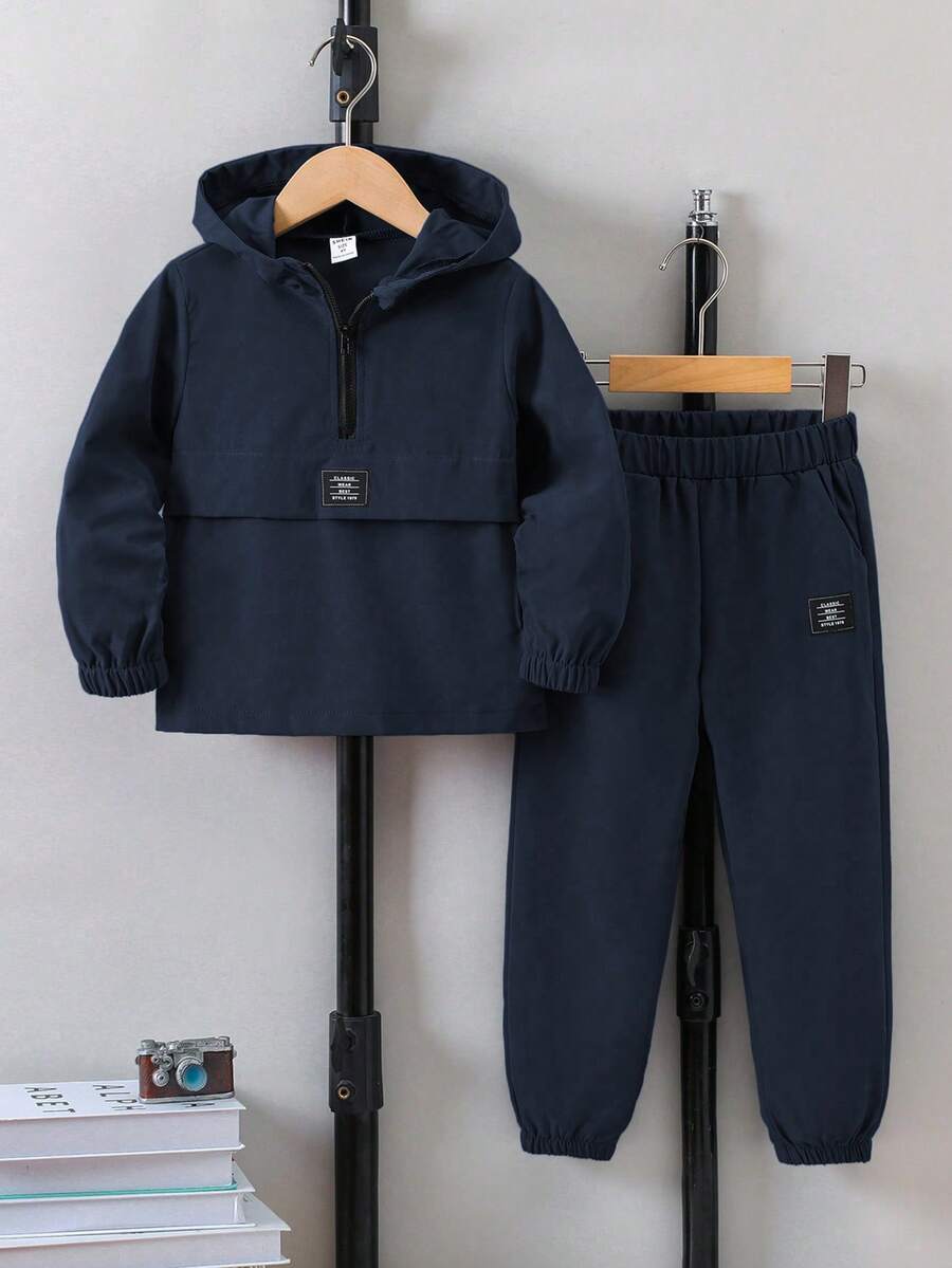 SHEIN 2件套幼儿男童纯色连帽拉链长袖上衣和裤子套装 - 藏蓝色 - 查看 1