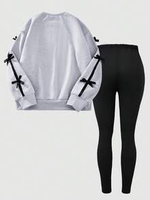 SHEIN Women's Casual Elegant Bow Decor Crew Neck Long Sleeve Fleece Sweatshirt And Skinny Pants 2 Piece Set