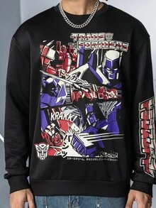 Transformers X SHEIN 男式字母与机器人图案圆领长袖运动衫 - 黑色 - 查看 6