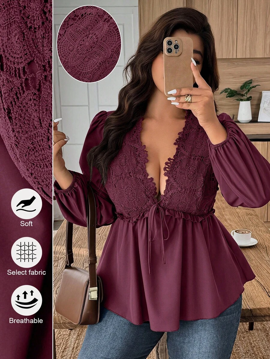 EMERY ROSE Plus Size Solid Color Lace Patchwork Deep V-Neck Twist Front Long Sleeve Blouse - Burgundy - View 1