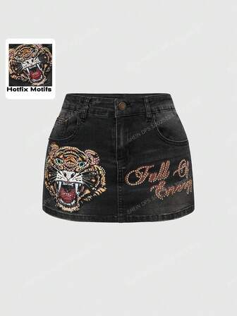 ROMWE Avant Women's Y2K Vintage Tiger Print Rhinestone Embellished Bodycon Denim Mini Skirt