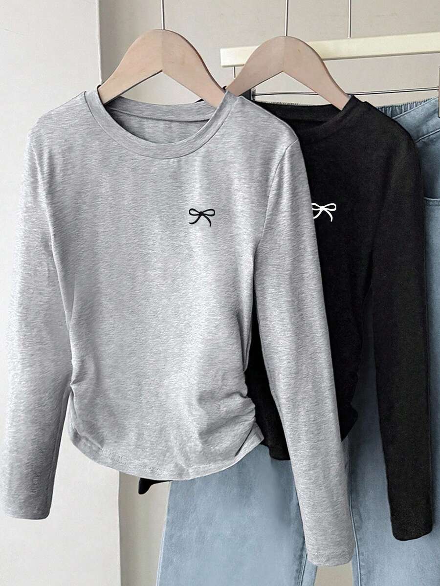 Set Kaos Abu-abu 2 Potong untuk Anak Perempuan Remaja, Kasual untuk Kembali ke Sekolah, Detail Motif Kupu-kupu, Kerah Bulat Berkerut, Lengan Panjang, Warna Polos, Cocok untuk Musim Gugur. - MultiWarna - View 1