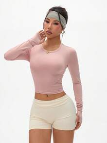Gameset SHEIN Sport 女式纯色露背镂空瑜伽长袖芭蕾舞T恤 - 粉色 - 查看 6