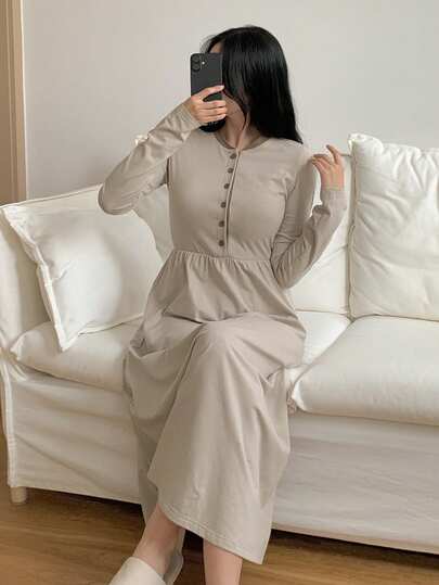 DAZY 女士秋冬撞色设计收腰长款休闲连衣裙