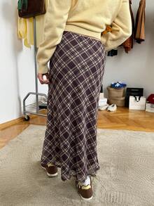 Muvela 女士格子网纱裙百搭格子长裙，秋季姐妹聚会必备单品，复古学院风，老钱风 - 棕色 - 查看 5