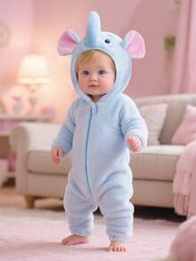 SHEIN Newborn Baby Cute Plush Elephant Ear And Nose Design Romper, Soft Long Sleeve Jumpsuit Fall Winter - Baby Blue - View 1