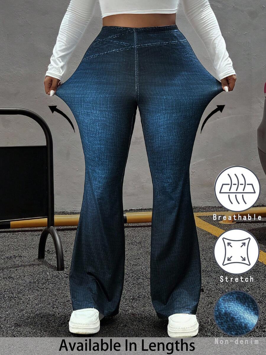 SHEIN PETITE CURVE 大码休闲牛仔喇叭裤,适合秋季、冬季、返校季、商务休闲、办公室、工作、教师等场合,女士曲线款,大码裤装,大码喇叭裤,大码阔腿裤,女士喇叭裤 - 藍色 - 查看 1
