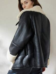 Aveloria Modichic Fashionable Streetwear Chic PU Leather & Faux Fur Lined Jacket For Women,  Motorcycle Coat, 2024 Winter New Arrival - Black - View 6