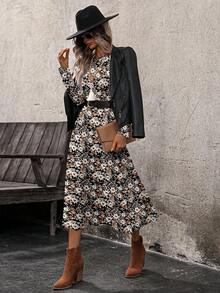 EMERY ROSE Vestido de manga larga con bloque de color y estampado floral diminuto de estilo vintage minimalista casual para mujer, adecuado para otoño/invierno - Multicolor - Ver 3