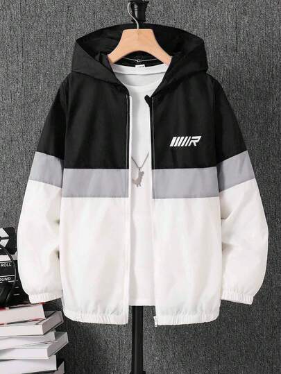 SHEIN Chaqueta con cremallera de manga larga con estampado de letras en patchwork casual para niños preadolescentes, ropa de vuelta al colegio, cortavientos para adolescentes, chaqueta de verano para niños, chaqueta con cremallera, ropa de invierno, ropa de otoño, toda la ropa para niños, ropa de abrigo de invierno, tops negros, chaqueta negra, conjunto de invierno, ropa de invierno, atuendos de otoño, ropa de otoño, toda la ropa para niños