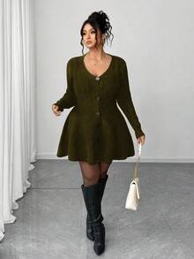 Elenzga Plus Size Fall Solid V-Neck Button Placket Peplum Hem Cardigan - Olive Green - View 3