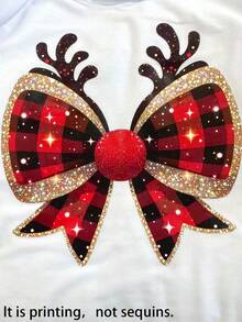 Koszulka damska z krótkim rękawem, w kratę i paski, z nadrukiem, idealna na świąteczne przyjęcie, z nadrukiem, w stylu casual i stylowym, z motywem poroża renifera, idealna na imprezę, z nadrukiem, damska - Biały - Zobacz 5