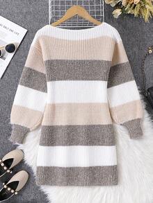 SHEIN 1 pièce Robe pull pour préadolescentes, style décontracté avec épaules dénudées et blocs de couleurs rayés, épaisseur régulière, ourlet net, manches retroussées, robe en tricot classique et polyvalente, tissu doux et agréable sur la peau, couleurs vives, ample et confortable, convient pour le port quotidien, les sorties, l'école, l'automne/l'hiver - Multicolore - Voir 2