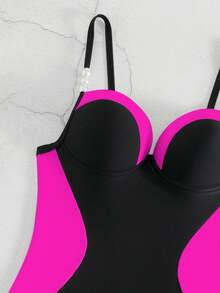 SHEIN Swim 拼色修身连体泳衣，适合游泳、度假、夏季海滩 - 彩色 - 查看 4
