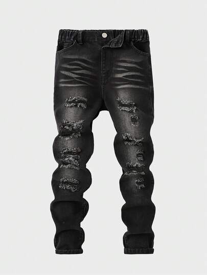 Tween Boys gescheurde, verweerde zwarte denim jeans, casual slim fit comfortabele katoenen broek, geschikt voor school, buiten, feestjes en de start van het schooljaar