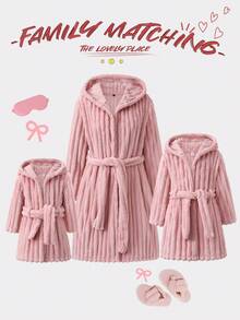 Women's Lotus Pink Striped Plush 3D Bow Hooded Belted Robe, Winter - Pink - View 1