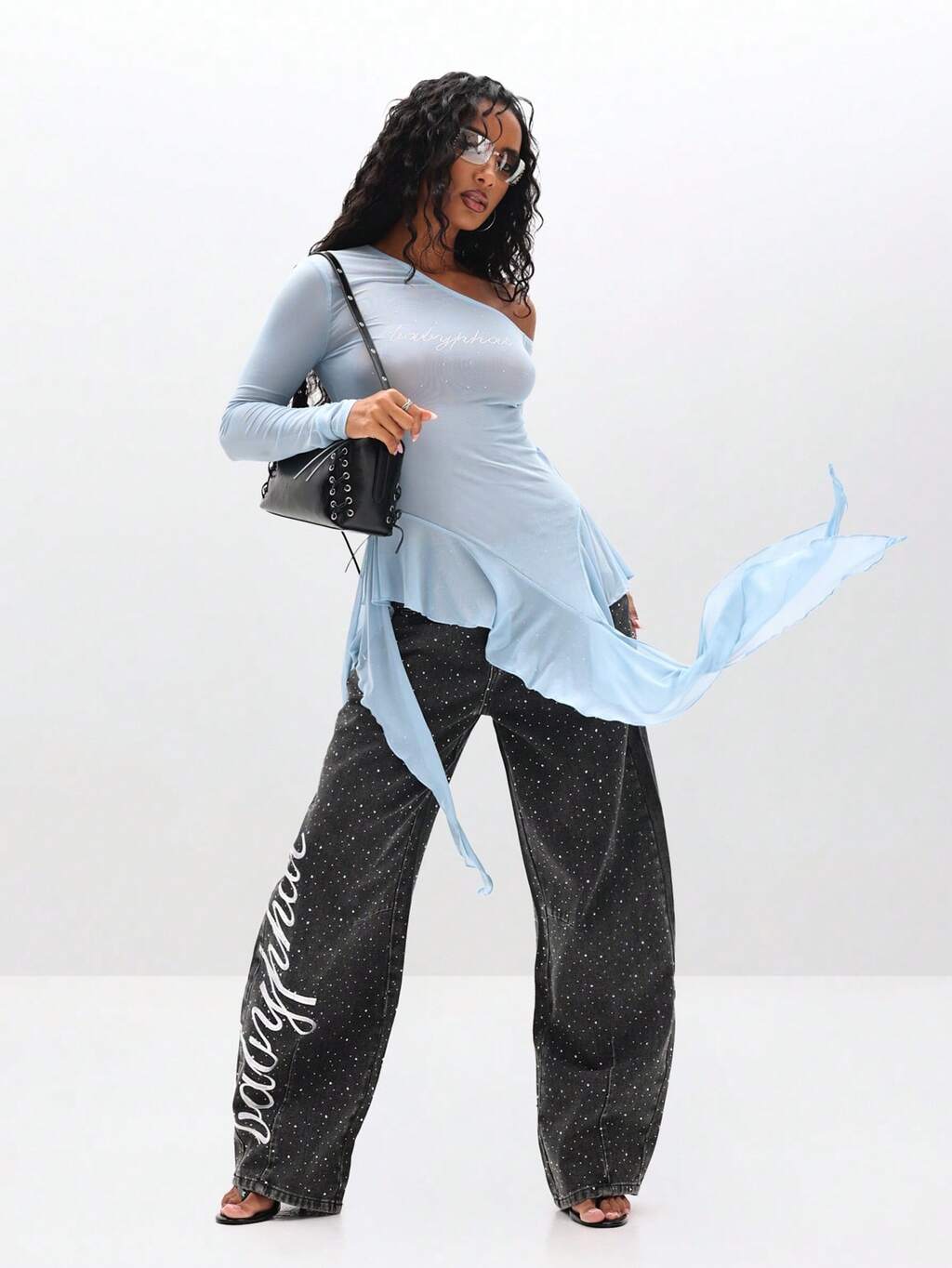 BABYPHAT Bluzka z siateczki z falbanką w kształcie wodospadu, długimi rękawami i kryształkami na jednym ramieniu, idealna na wieczorne imprezy