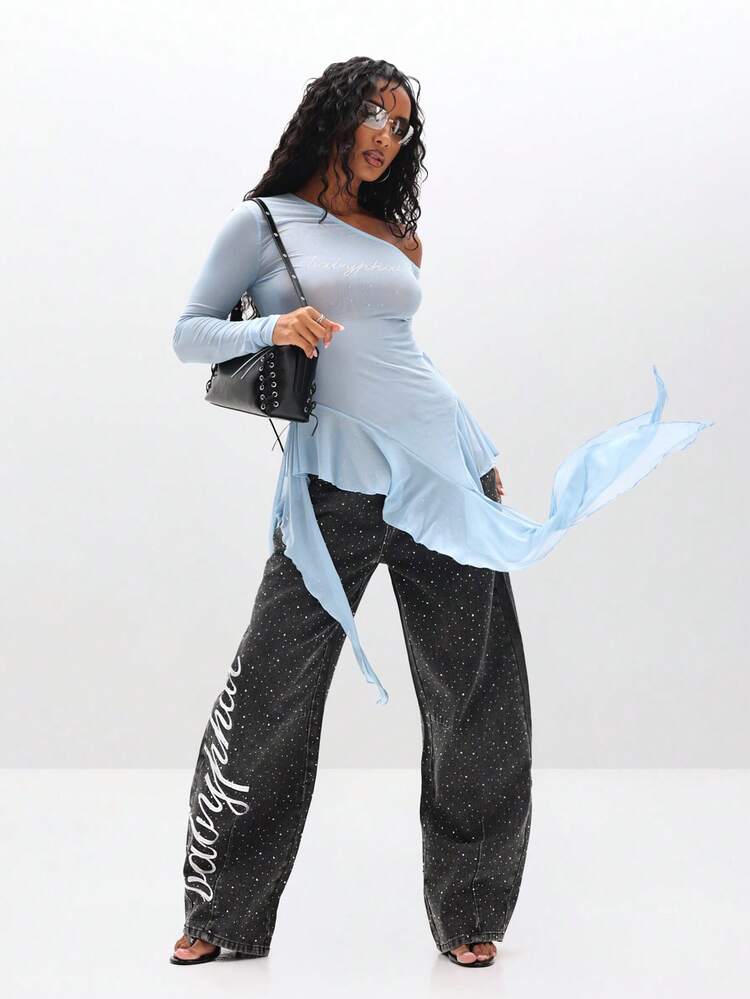 BABYPHAT Waterfall Ruffle Mesh Top With Long Sleeves And One Shoulder Rhinestone Detail For Party Evening Occasions