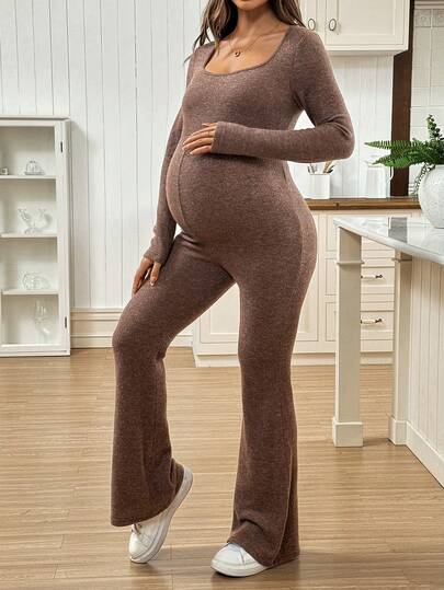 SHEIN 孕妇纯色方领长袖休闲喇叭连体裤