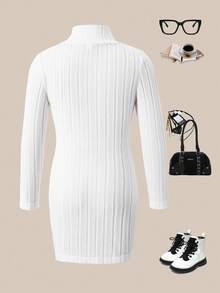 SHEIN Explorewe Girls Colorblock Embroidered Mock Neck Long Sleeve Dress - White - View 2