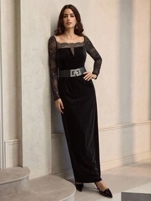 ZEYLAH Vestido de terciopelo con parches y cuello de encaje elegante - Negro - Ver 6