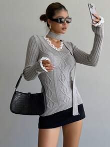 DAZY Pulover cu guler în V și imprimeu petic de dantelă toamnă/iarnă, croială slim fit, stil business casual, stil vintage, potrivit pentru Revelion, Crăciun, nuntă - Gri - Vizualizare 6