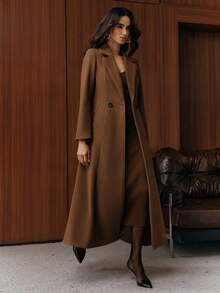 Anewsta Women's Lapel Cinched Waist Overcoat - Rust Brown - View 7