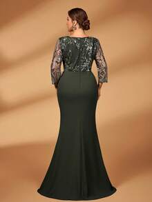 Serin Vestido formal elegante y romántico de talla grande en color gris-verde con escote en V profundo, mangas abullonadas, lujoso diseño de malla con lentejuelas y bajo de cola de sirena para novia y madre