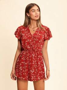 SHEIN VCAY 小碎花交疊領蝴蝶袖連身短褲 - 紅白色 - 查看 4
