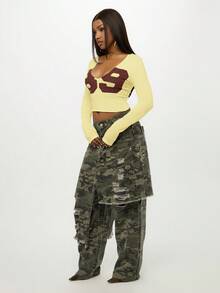 SUMWON WOMEN 棉质长袖蝴蝶设计短款上衣 V 领复古 Y2k 时尚休闲春秋街头服饰美学日常穿着 - 鵝黃色 - 查看 5