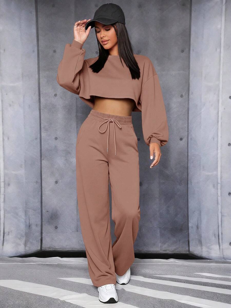 SHEIN PETITE Drop Shoulder Crop Pullover & Drawstring Waist Sweatpants - Brown - View 1