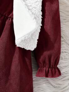 SHEIN Vintaside Kids 2 件套幼儿女孩乡村风格蓬松背心外套 + 灯芯绒泡泡袖连衣裙，可爱休闲日常装，厚实保暖，简约优雅设计，秋冬 - 酒紅色 - 查看 3