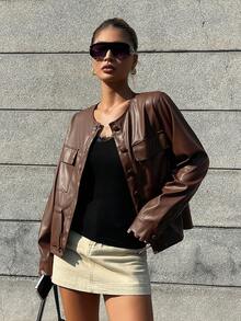 DAZY Women's Casual Solid Color PU Leather Drawstring Pocket Shirt, Autumn Long Sleeve Women