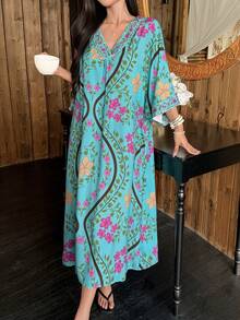 DAZY Áo ngủ nữ dáng rộng cổ chữ V in hoa, thích hợp mặc mùa đông, kiểu Moo Moo Night Dress. - Màu xanh lam - Xem 5