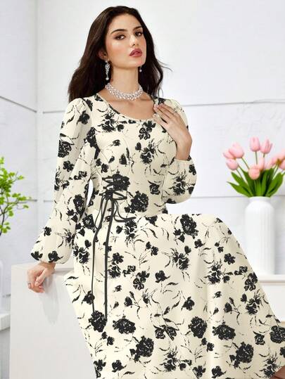 Modelyn 女式黑玫瑰印花 V 领长袖系腰休闲连衣裙，春秋