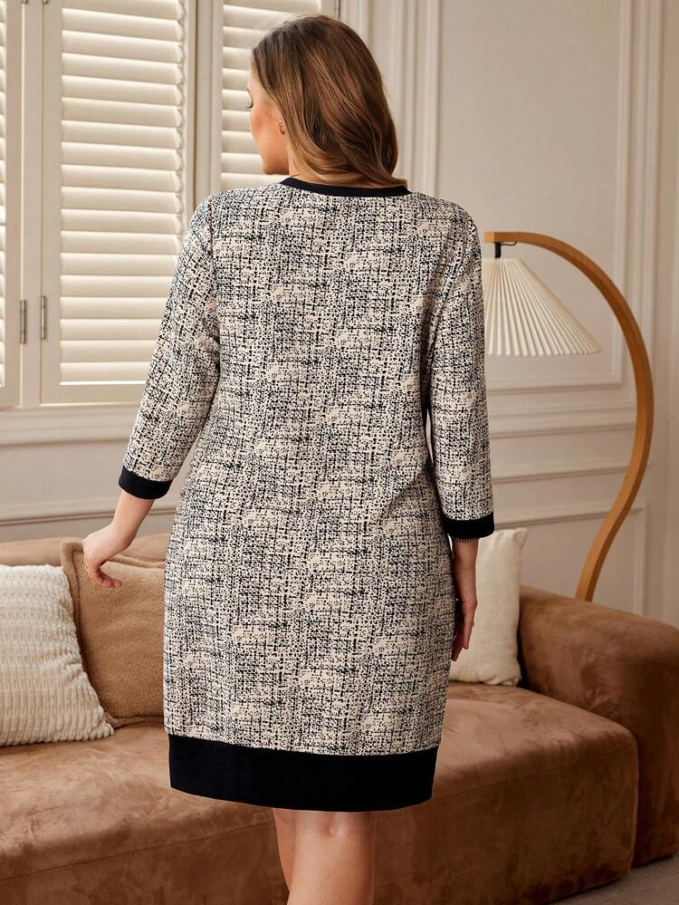 Plus Size Women Plaid Round Neck Long Sleeve Button Design Straight Loose Casual Dress,,Going Out Outfits, New Clothes,Simple And Fashionable For Everyday Wear, Plus Size ,New Year Dress ,French Style Dress,Spring