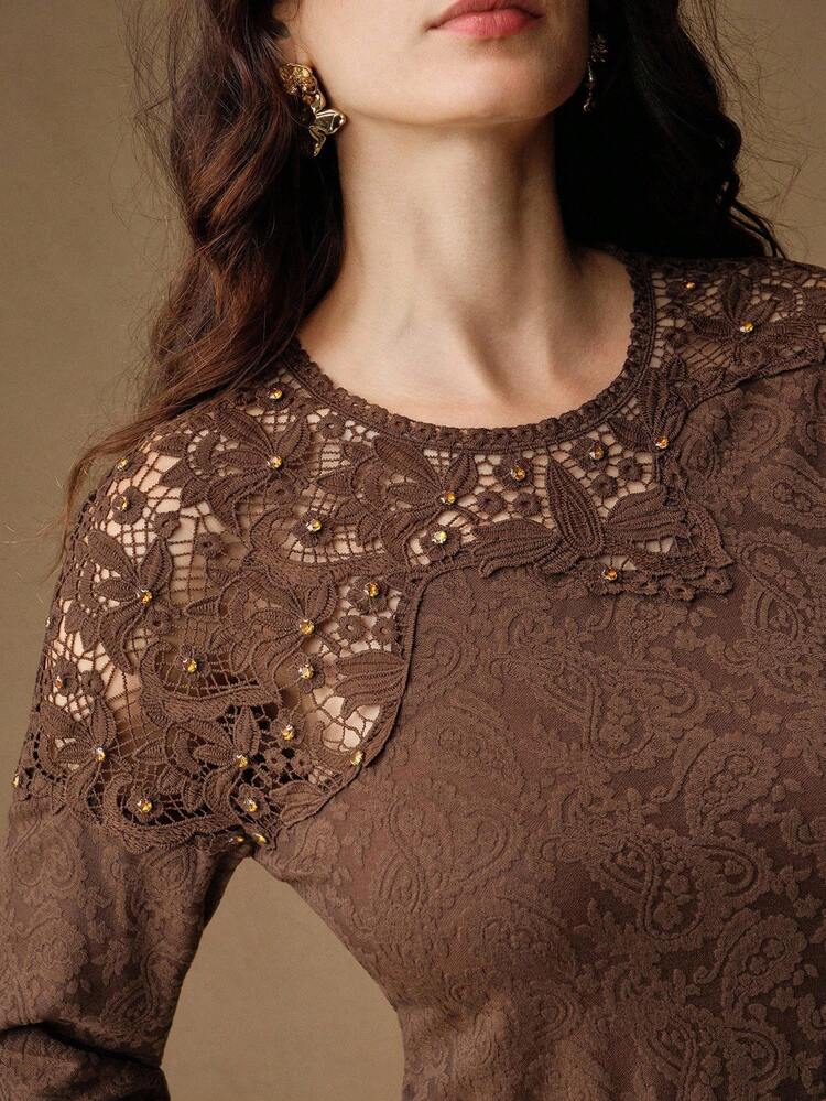 Damen Herbst Langarm T-Shirt mit Strass-Verzierung, elegantes und stilvolles Design, geeignet für Neujahr, Strand