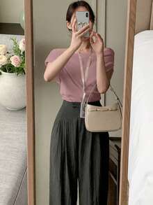 DAZY Women Off Shoulder Ruched Solid Color Casual Short Sleeve T-Shirt - Pink - View 4