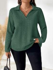 EMERY ROSE Plus Size Solid Color Ribbed Collar Long Sleeve T-Shirt, Casual Autumn Fall - Green - View 4