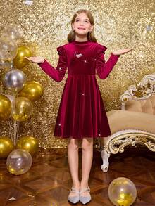SHEIN Glowmode Tween Girl Elegant Burgundy Velvet Knit Dress,Long Sleeve Ruffle Trim Princess Dress For Autumn Party,Daily School Birthday Wear For Teens - Red - View 5