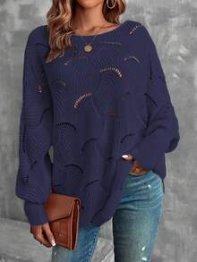 EMERY ROSE Solid Color Hollow Out Crew Neck Casual Pullover Sweater - Royal Blue - View 6