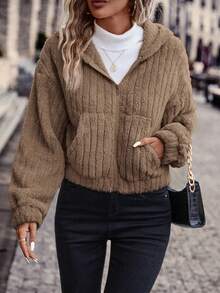 SHEIN Frenchy 秋冬款拉链落肩连帽法兰绒夹克 - 棕色 - 查看 3