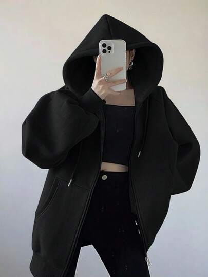 INAWLY 女士宽松休闲连帽拉链开衫