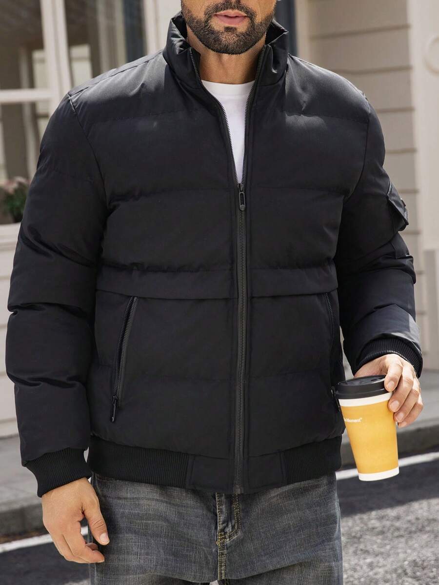 Manfinity Homme Chaqueta con cremallera y bolsillos utilitarios de unicolor para hombres, para invierno y otoño - Negro - Ver 1