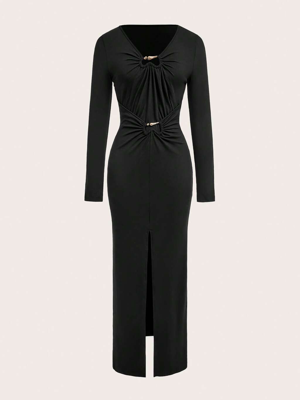 SHEIN Maija Women's Long V-Neck Metal Design Dress, Fall Outfits For Women, Fall Dresses For Women, Christmas Dress, Christmas Clothes For Women, Black Dress New Year, New Year Women's Clothes,Thanksgiving Outfit For Women, Wedding Party Dress, Dress For Wedding Guest, Beach Outfit For Women, Elegant Dresses, Elegant Dresses For Ladies,Black Dresses