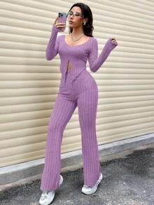 SHEIN Unity 2件纯色长袖上衣和裤子套装，休闲秋季服装 - 紫色 - 查看 4