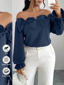 Elenzga Plus Size Women's Solid Color Bow Decor Off-Shoulder Long Sleeve Fashionable Blouse - Navy Blue - View 1