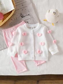 SHEIN Baby Girl Heart Pattern Front Button Jacket And Pants Set, Autumn/Winter - Pink - View 1